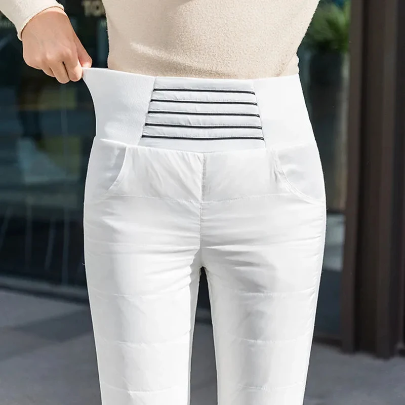

Winter Warm Duck Down Pants Korean Fashion Striped White Down Thicken Trousers Women Slim High Waist Cotton Stretch Pencil Pants