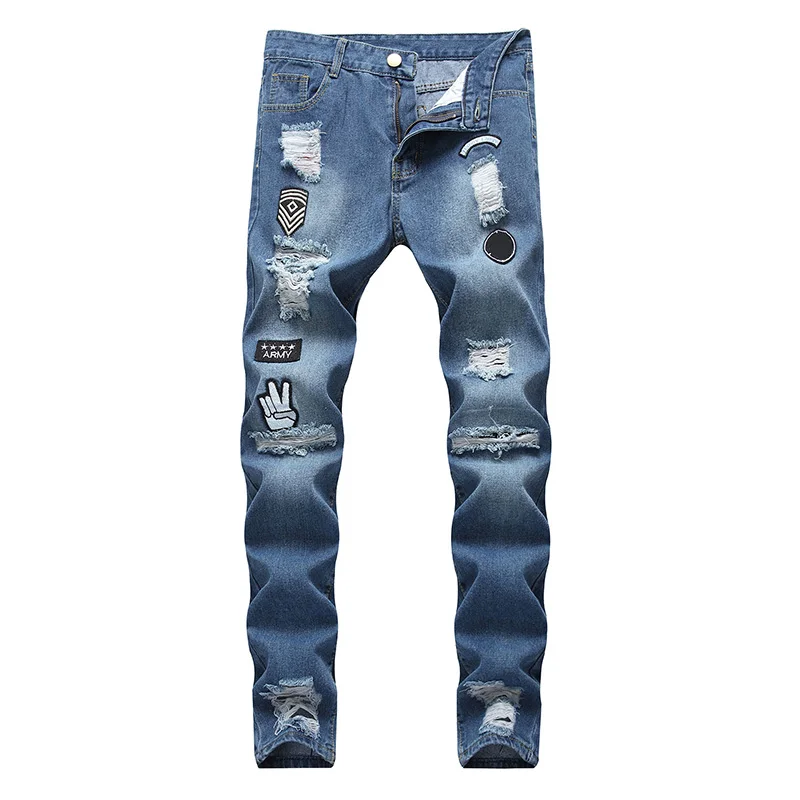 

2020 Men Hip Hop Ripped Hole Skinny Slim Fit Pencil Denim Jeans Pants Trousers High Quality