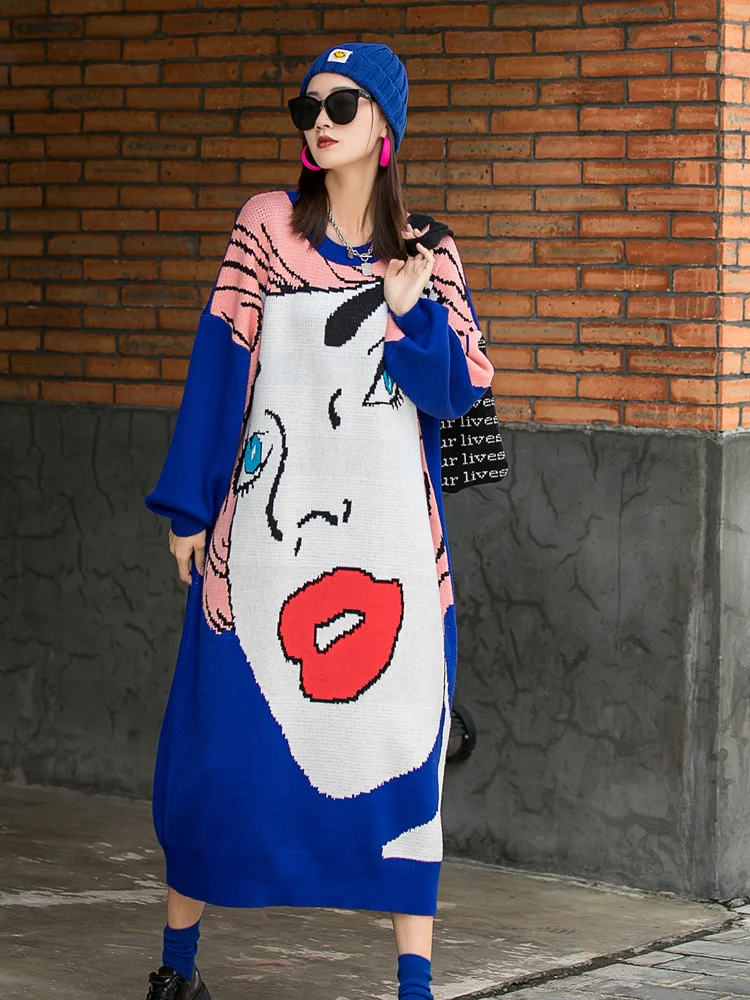 Vefadisa Spring Fashion Character Print Sweater Dress Women 2022 Long Sleeve Pullover Female Knitted QYF6221 | Женская одежда