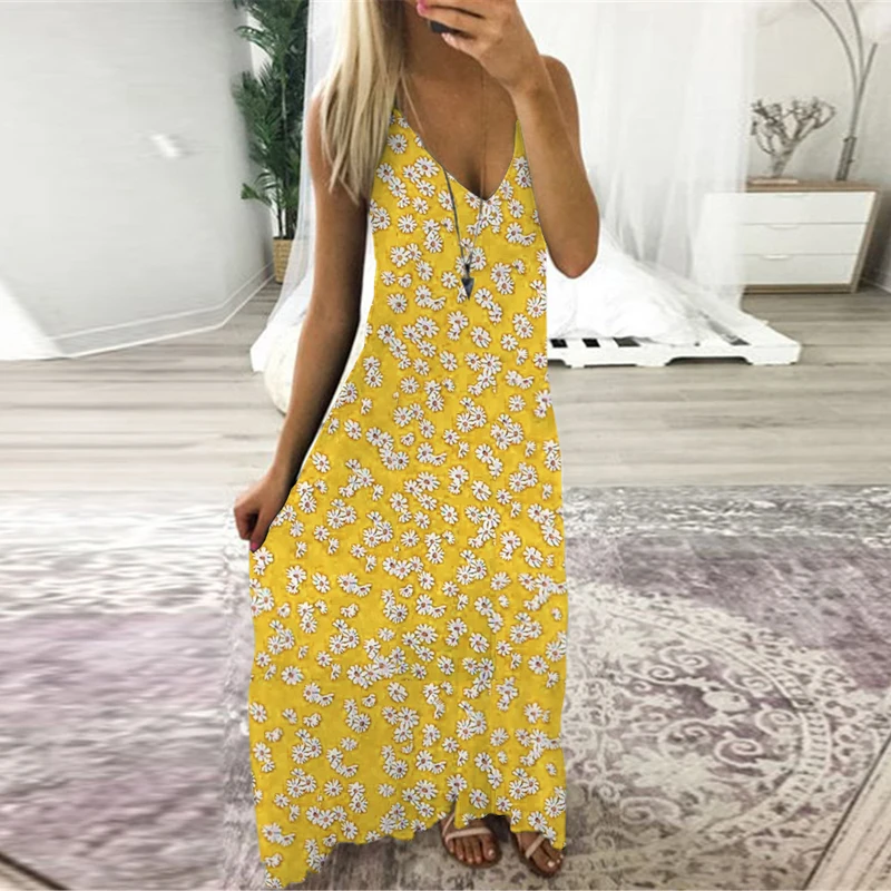 

Summer Dress 2020 Women's Sleeveless High Waist V Neck Little Daisy Floral Flower Printing Hedging Basic Princess Maxi Dresses