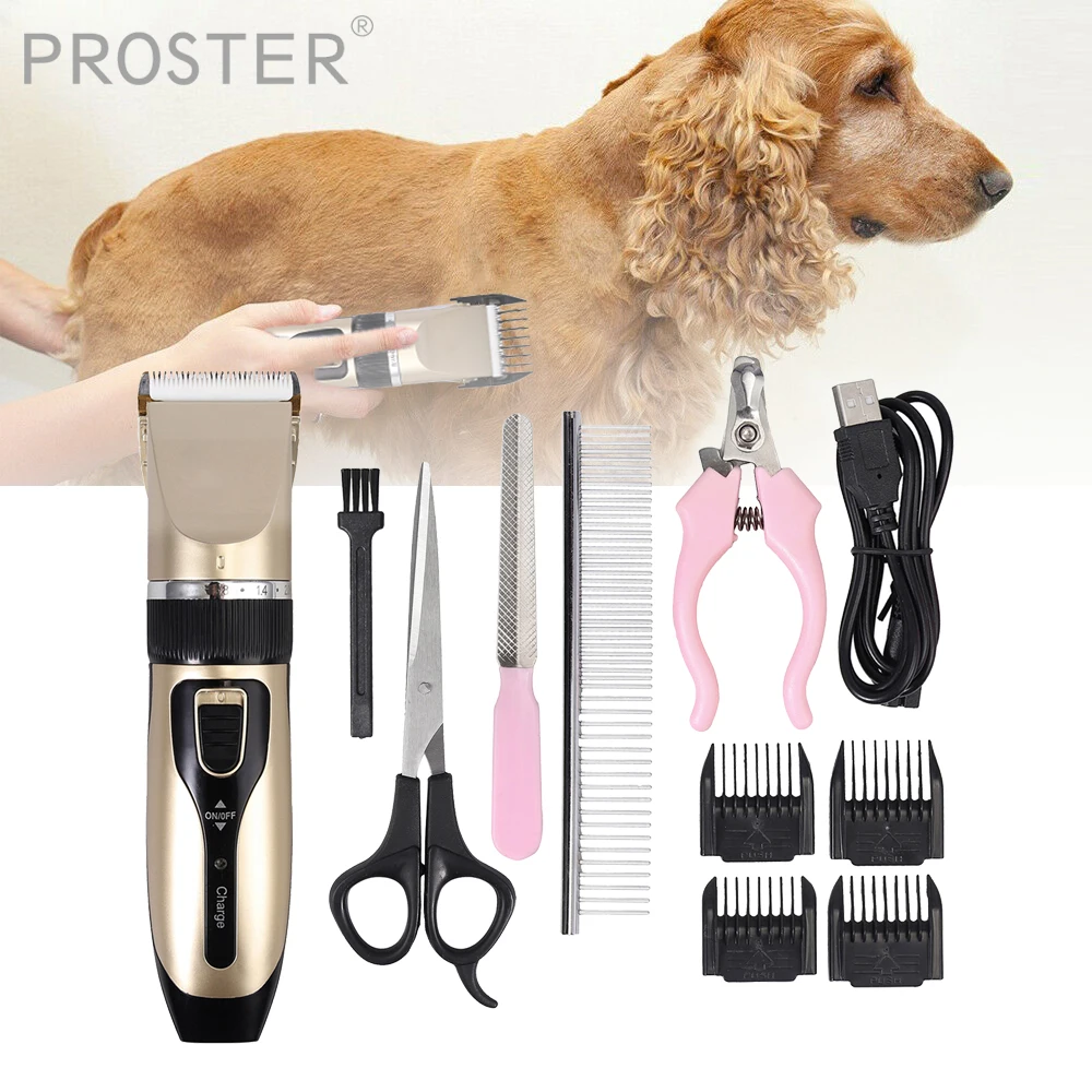 

Proster Pet Clipper Professional Electric Shaver Kit Dog Animal Grooming Trimmer USB Charging with Comb Scissors Brush Nail File