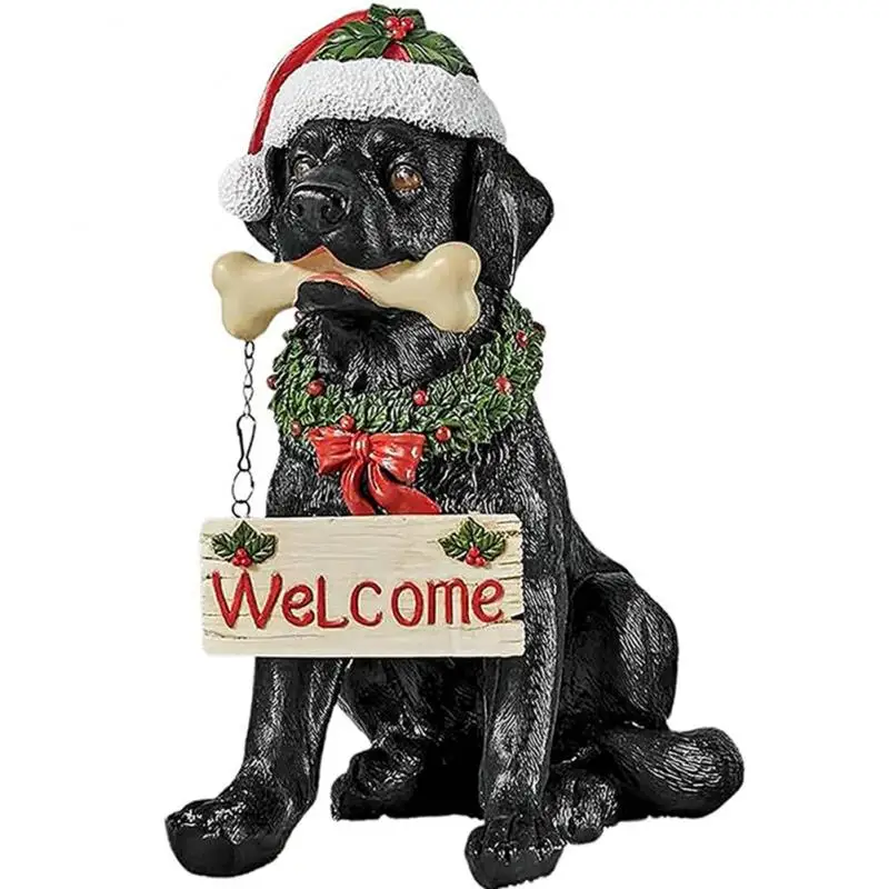 

2021 Resin Welcome Dog Statue Black Labrador Decor With Santa Hat Christmas Watchdog Dog Sculpture For Doorways Cabinets Porches