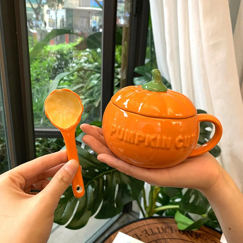 300ML Cute Pumpkin Cup Ceramics Coffee Mug Milk Soup Drinking Cup With Lid Breakfast Oatmeal Mug Novelty Halloween Gift Home