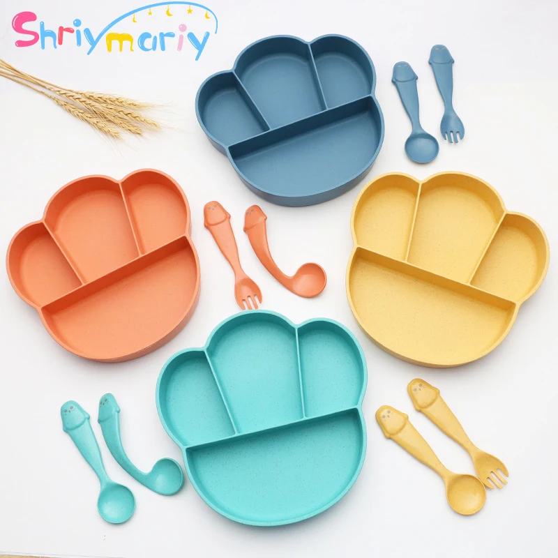 

Baby Bowl+Spoon+Fork Feeding Food Tableware Sets Cute Cartoon Kids Dishes Eating Gadgets Dinnerware Suit Anti-hot Training Plate