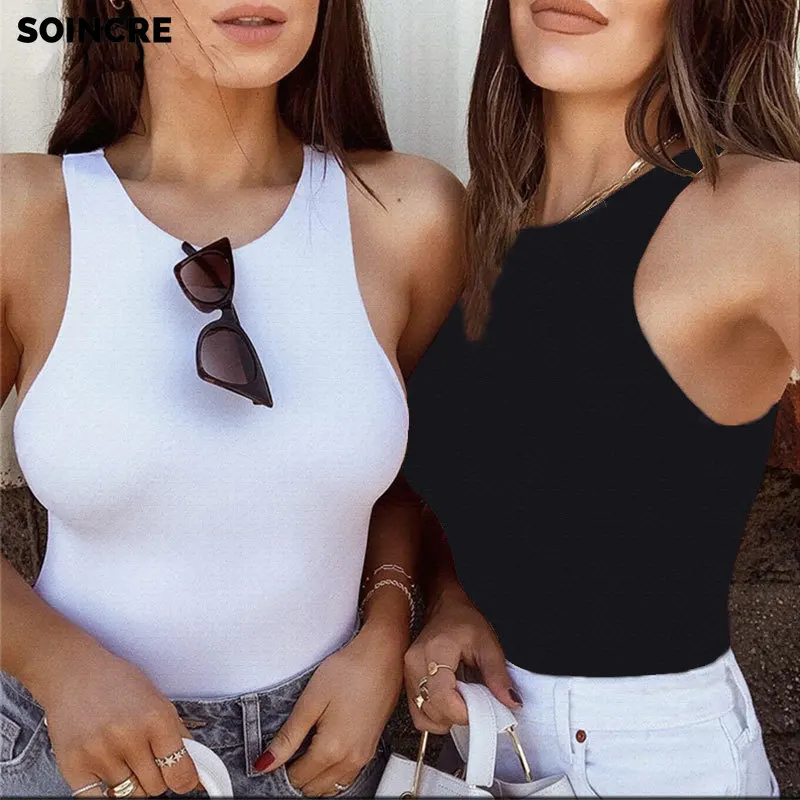 

2021 New Fashion Casual Sexy Triangle Bodysuit Solid Color Sleeveless Stitching Round Neck Tights Women Street Party Wear Women