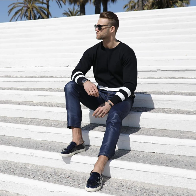 Piergitar 2019 New Handcrafted Navy blue mixed colors Genuine Leather Men Loafers Sporty style Slip-on men's casual shoes | Обувь