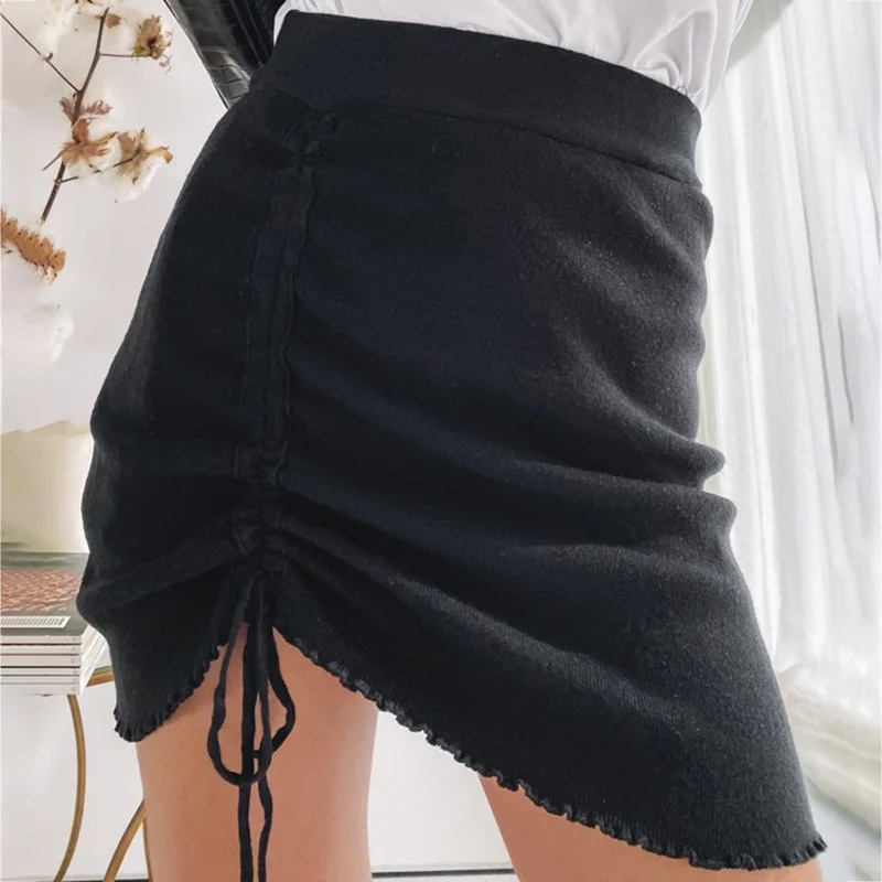 

Women Skirt Knitting High Waist Drawstring Lace Up Pleated Summer Fashion Streetwear Office Casual Femme Skinny Short Skirt