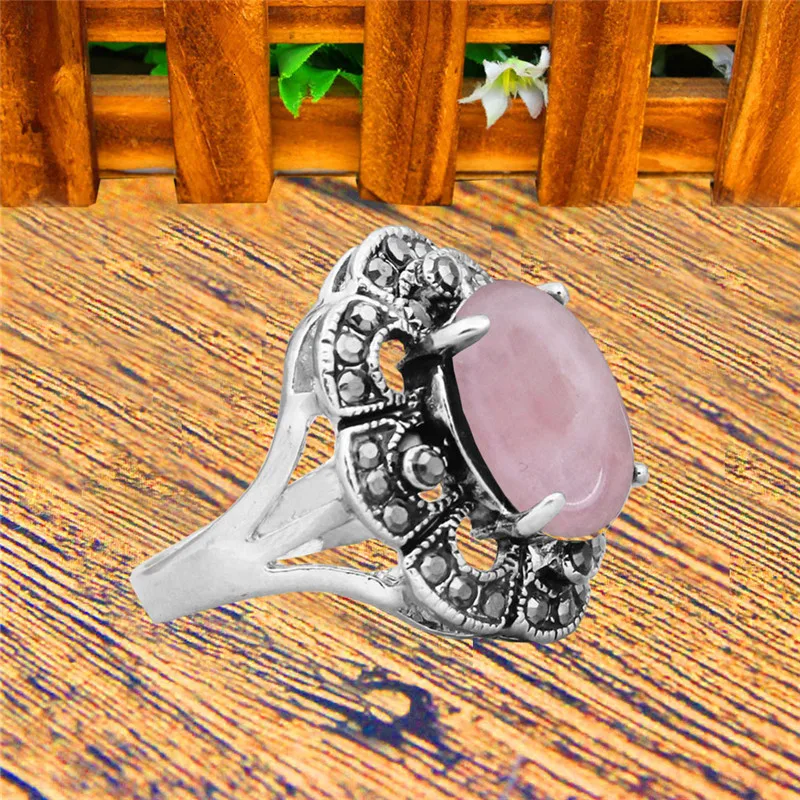 Oval Natural Stone Quartz Rings For Women Antique Silver Plated Rhinestone Plum Flower Vintage Fashion Jewelry TR710