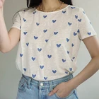 Женская хлопковая футболка с коротким рукавом, круглым вырезом и принтом сердец