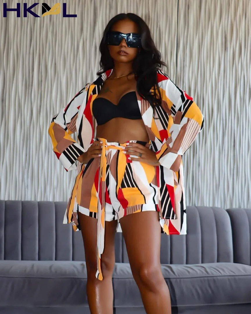 

Women Printing Long Sleeve Turn-down Collar Button Shirt Top Design Shorts Streetwear Two Piece Set