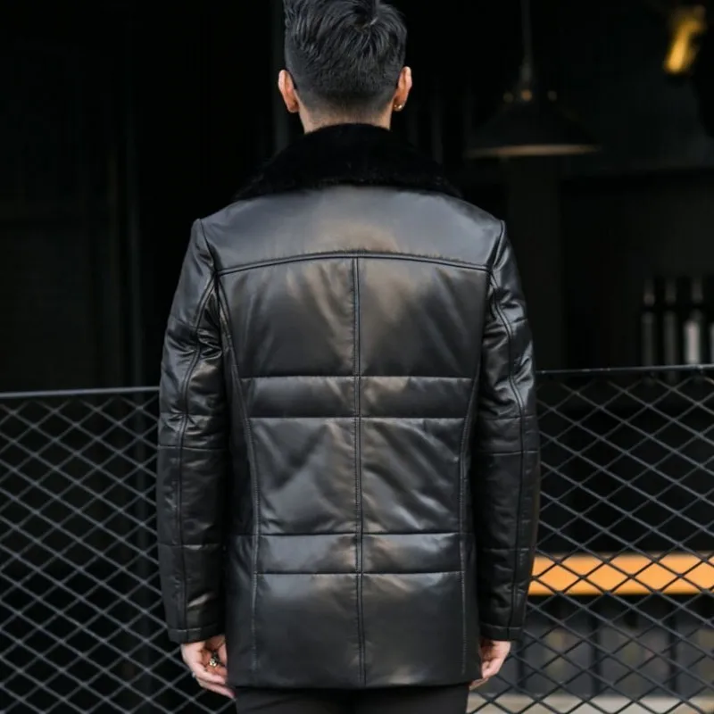 Зимнее Мужское пальто с воротником из натуральной овечьей шкуры|Мужские кожаные