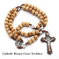 new necklace 2022 fashion handmade wood beads round catholic rosary cross religious men necklace charm party gift
