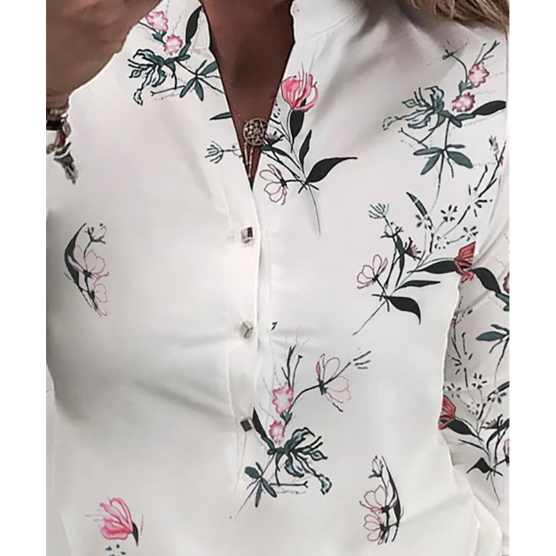 

women autumn shirt long sleeve floral print blouse female fashion stand collar button up casual shirts ol office lady clothes