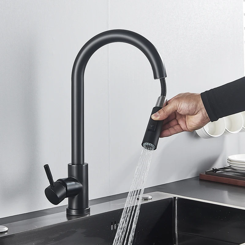 Suguword матовый черный кухонный смеситель выдвижной поток раковины режимы