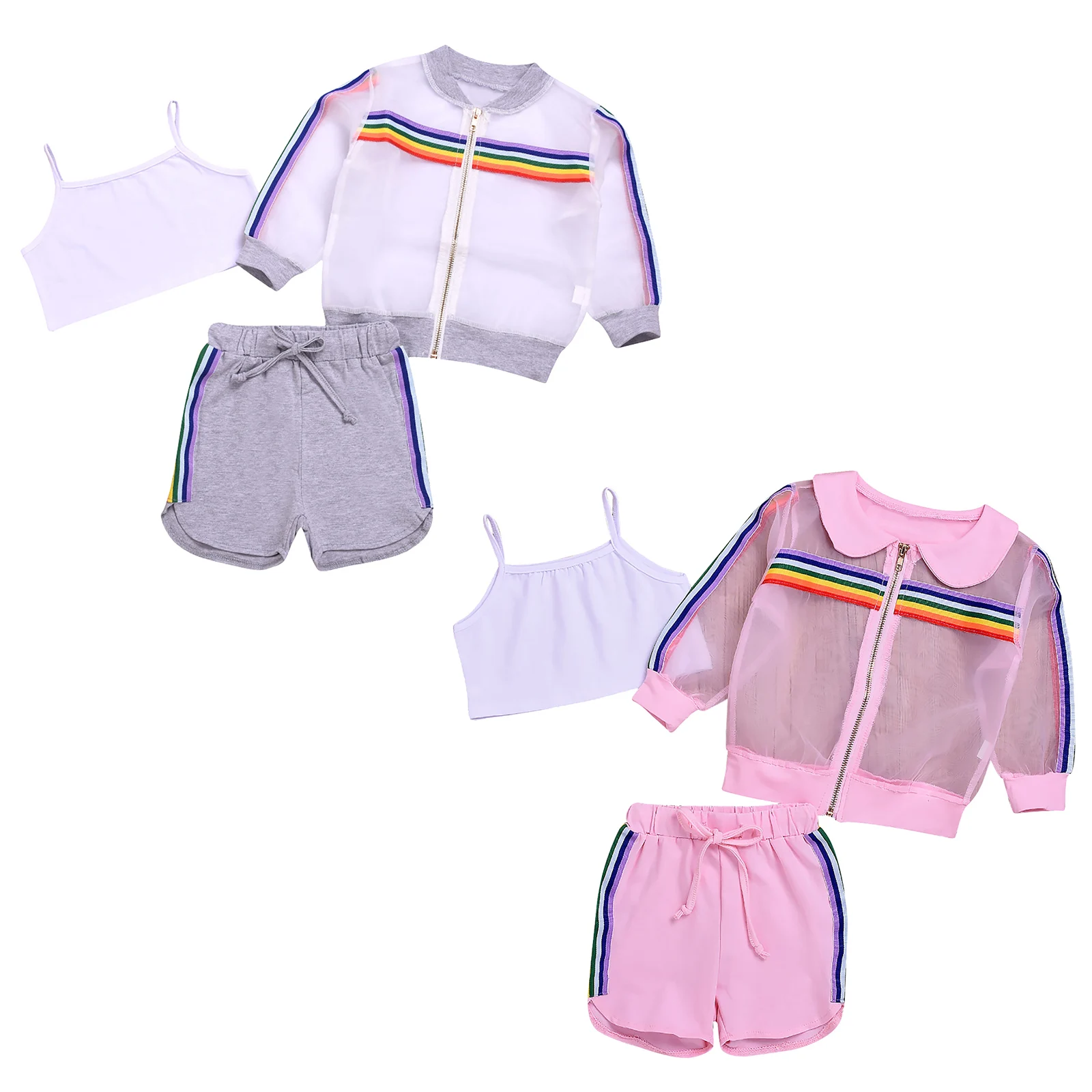 

Summer Kids Girls Sport Sets Outfits See-through Mesh Sportswear Long Sleeve Front Zipper Coat Sport Cropped Tops and Shorts Set