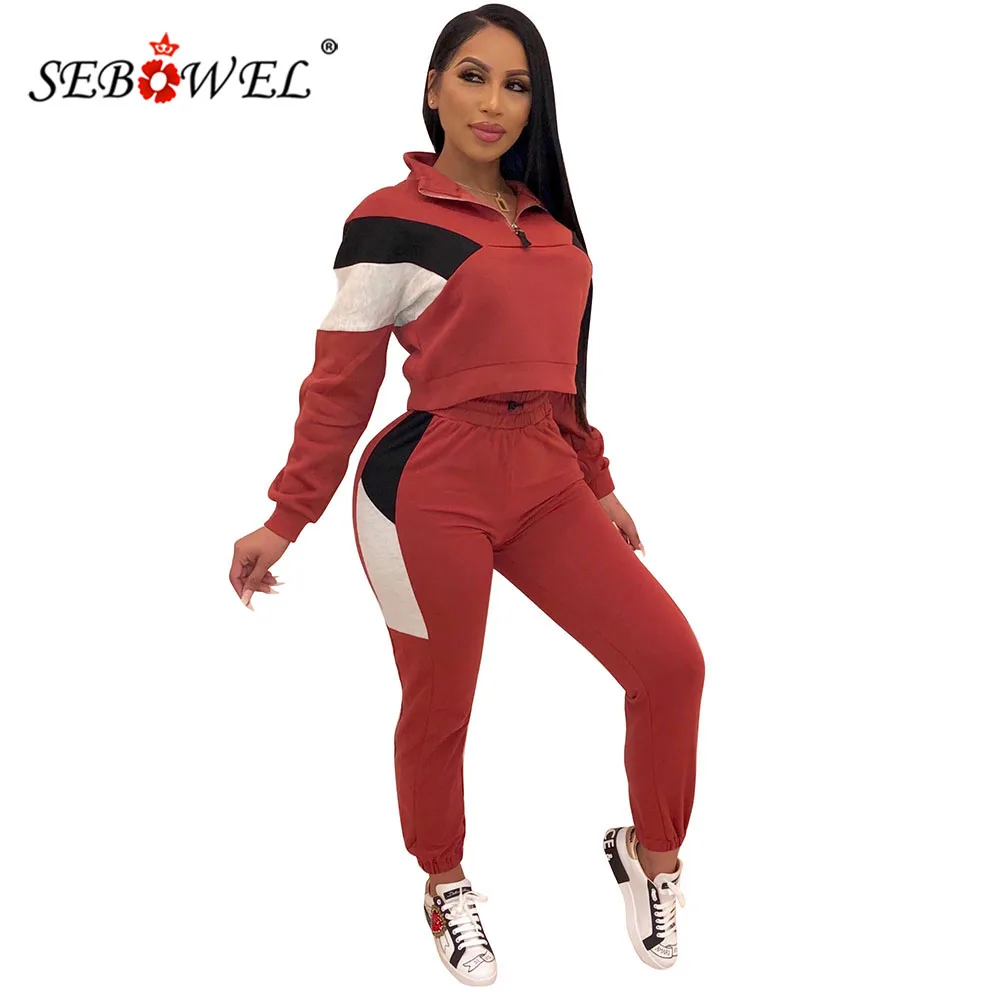 

SEBOWEL Autumn Leisure Sporty Two-Piece Sets BF Style Female Long Sleeve Contrast Color Pullovers Sweatshirt Pants Woman Outfits