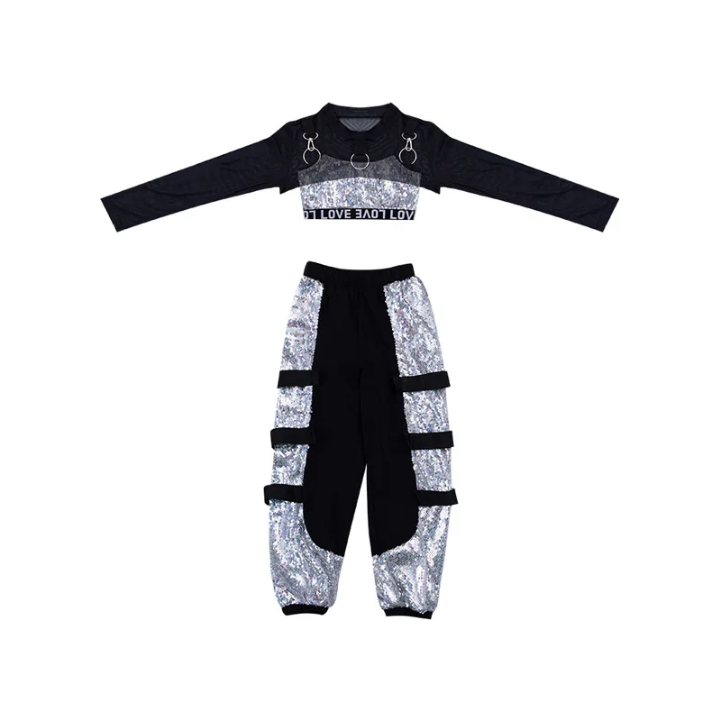 

Fashion Silver Sequin Set Jazz Dance Costumes For Girls Kids Long Sleeve Jazz Performance Costumes Hip Hop Dance Clothes XS1168