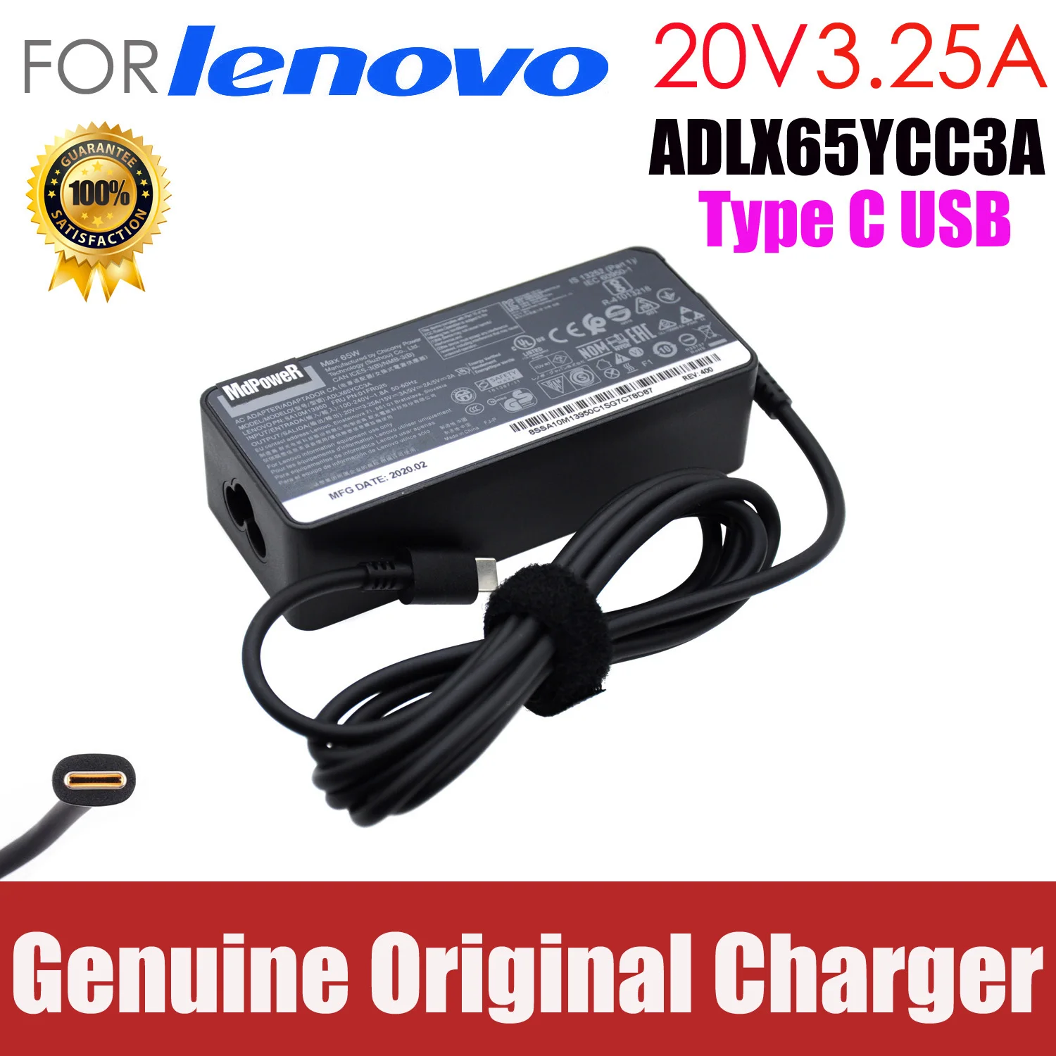 

Original 65W 20V 3.25A TypeC AC Adapter Laptop Charger for Lenovo ThinkPad X280 X380 X390 X395 L580 ADLX65YLC3A ADLX65YCC3D