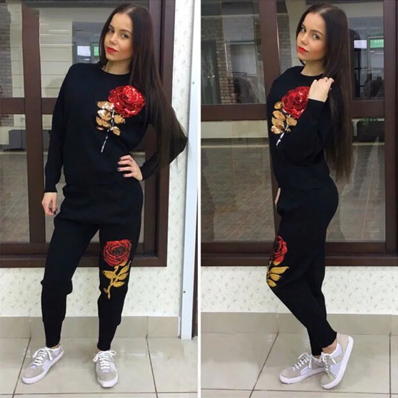 3D цветок розы блесток комплект из двух предметов для женщин спортивный костюм