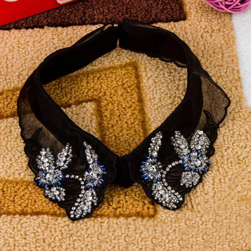 Женская рубашка с имитацией воротника черная винтажная из органзы вышивкой и