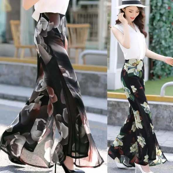 Новинка 2020 года летние брюки с цветочным принтом и разрезом сбоку тонкие