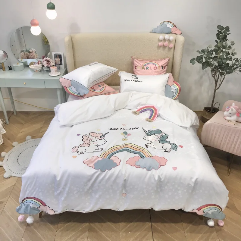 

White Cartoon Unicorn Embroidery Satin Jacquard Cotton Girl Bedding Set Duvet Cover Set Bed Sheet Or Fitted Sheet Pillowcases