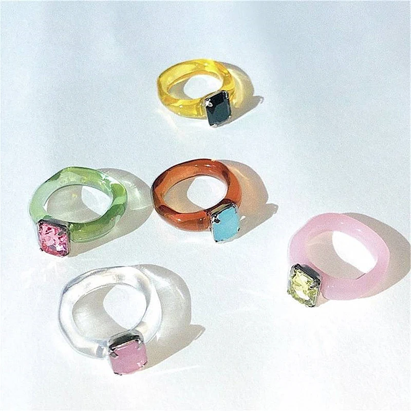 

2021 NEW Transparent Resin Acrylic Rhinestone Colourful Geometric Square Round Rings for Women Party Jewelry Gifts