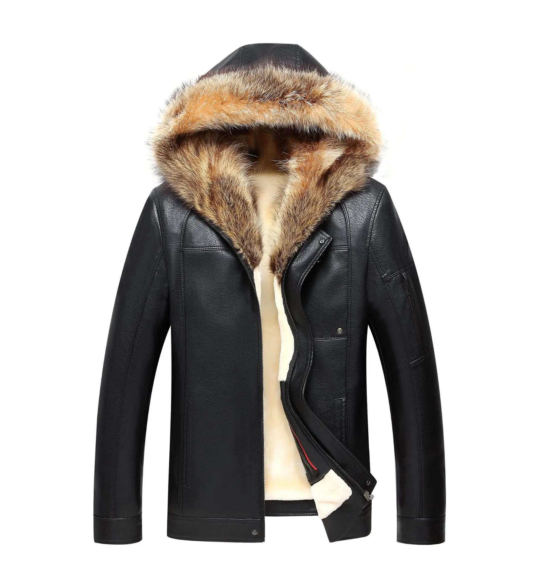 

Winter Shearling Fur Jackets Hoodies Mens Leather Jacket Fur Coats Raccoon Fur Collar Thickening Warm Outerwear Overcoat Tops