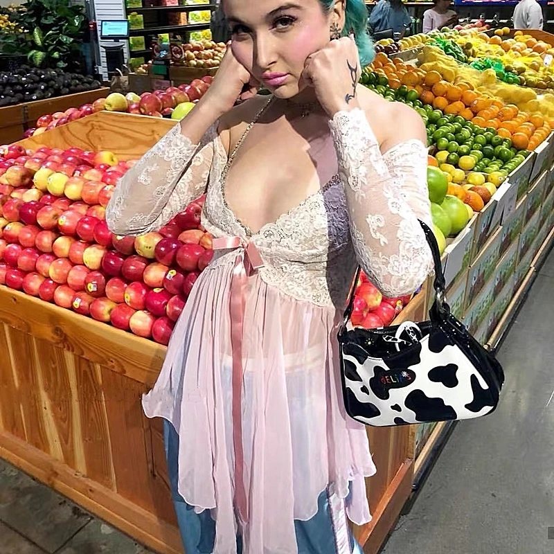 

Vintage New PU Leather Baguette Bag Kawaii Cute Sweet Cow Pattern Spot Handbag Mini Underarm Bagpouch Makeup Sets