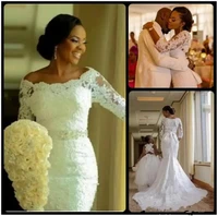 new fashion nigerian 34 long sleeve applique lace mermaid wedding dresses crystals off the shoulder bridal dress