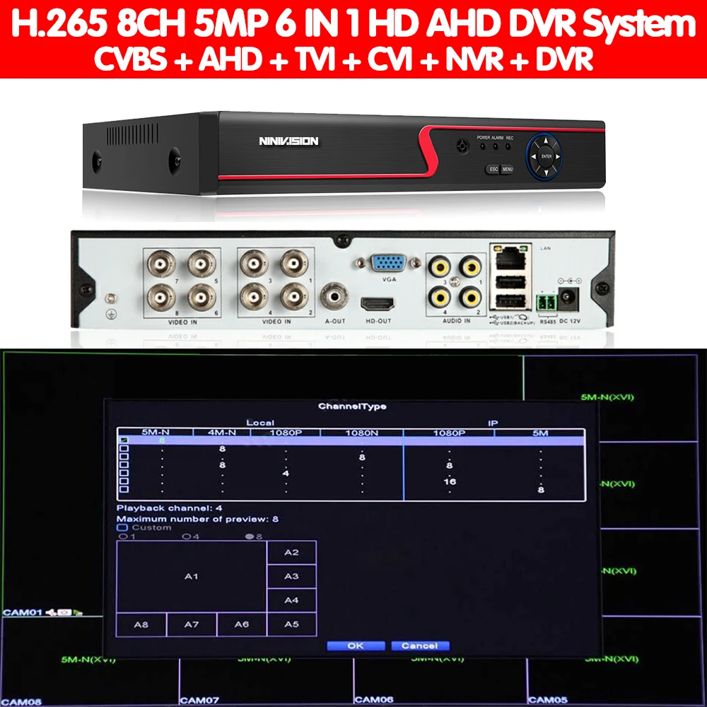 6 в 1 5MP AHD DVR NVR XVR CCTV 4Ch 8Ch 1080P 4MP 5MP гибридная камера безопасности DVR рекордер Onvif RS485 Coxal управление P2P Облако