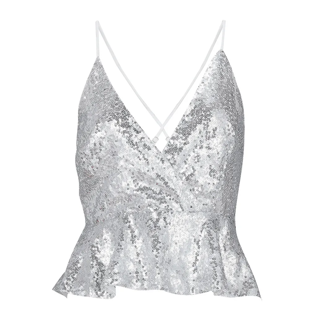 Женский топ с блестками и V образным вырезом без рукавов|Майки| |