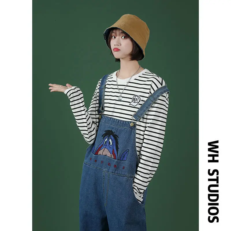 

Privathinker 2021 New Women Men Overalls Cartoon Embroidery Denim Suspenders Trousers Couple Jeans Vintage Casual Loose Pants