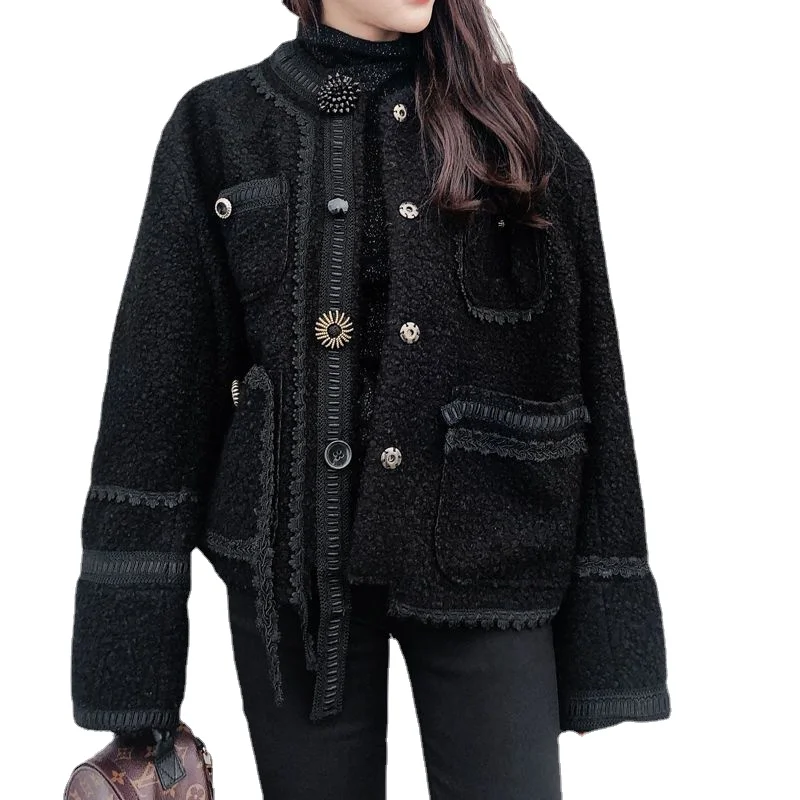

Black Small Fragrance Loose Women Jacket Coat 2021 New Fat Lamb Hair Pearl Buckle Female Autumn Wear Large Size Tops