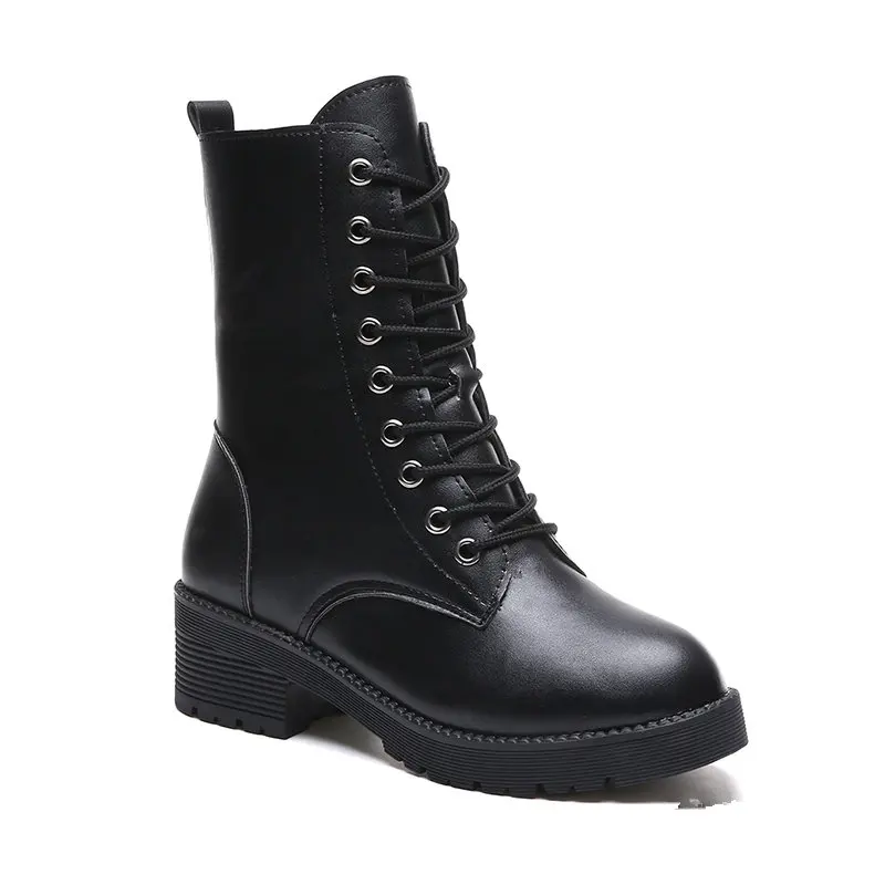 

Mid-calf Japanned leather botines woman platform motorcycle cross-tied bottes fashion autumn winter short boots chunky creepers