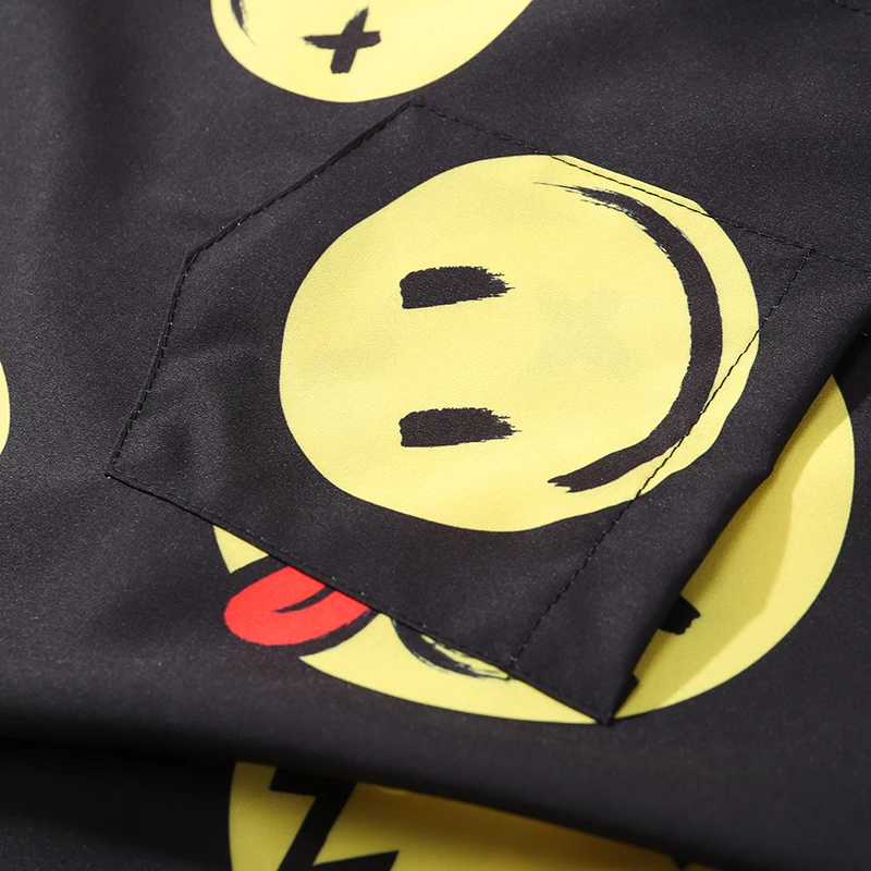 Hip Hop Shirt Men Harajuku Smile Face Print Summer Beach Shirt Pocket Hawaiian Short Sleeve Fashion Tops Streetwear Clothing