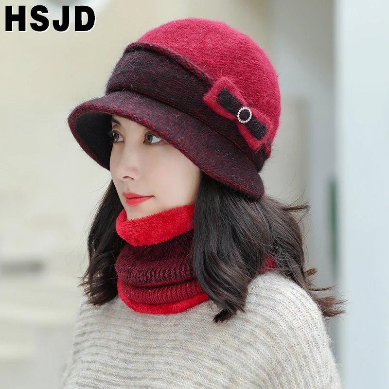 

Bowknot Rabbit Hair Knitted Beanie Hat Scarf 2 Pieces Set Elegant Women's Winter Hats Thick Warm Skullies Beanies Bonnet Female