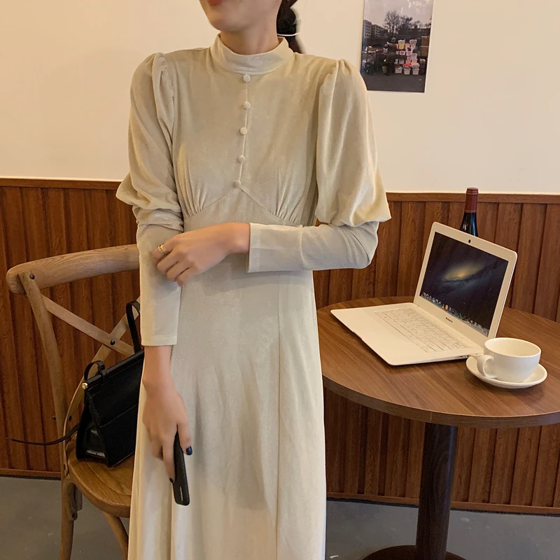 

Autumn Women Vintage Elegant Lantern Sleeve A-Line Dress Female Stand Collar Slim Waist Velvet Midi Vestdios