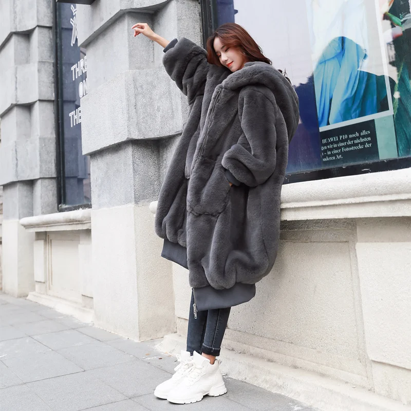 Шуба женская зимняя из искусственного кроличьего меха плотная теплая длинная ZY15