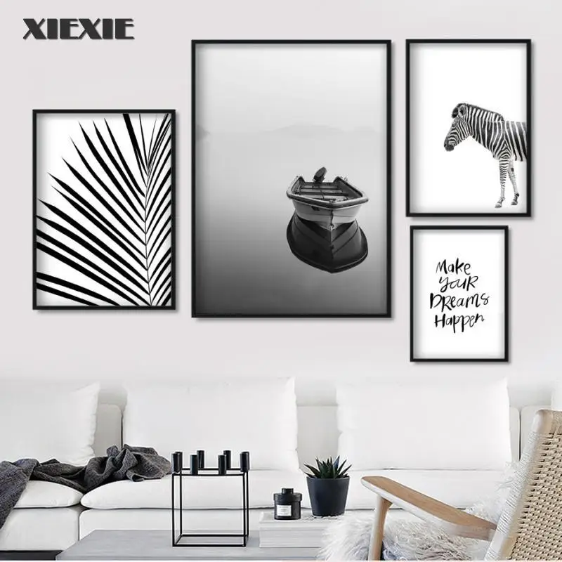 

Zebra Lake Ship Palm Leaf Canvas Painting Wall Art Black White Landscape Nordic Posters and Prints Wall Pictures for Living Room