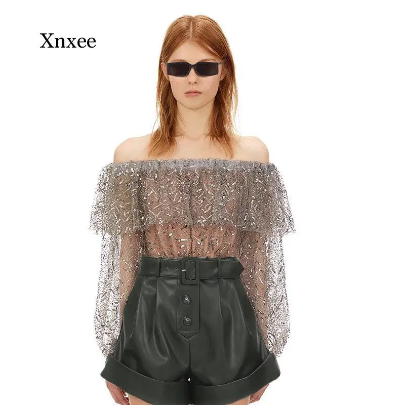 Off Shoulder Sequins Top Lantern Sleeve Mujer Spring Autumn High Quality Vintage Luxury Sequined Blouse Womens Tops Clothing