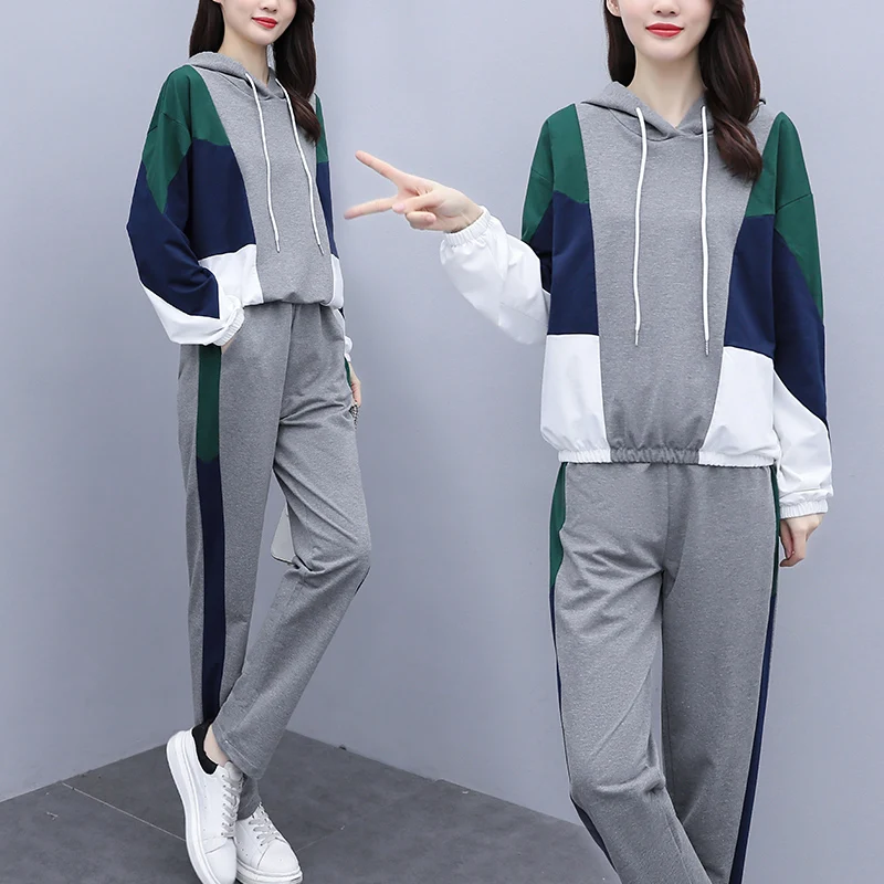 Autumn Women Patchwork Two Piece Set Plus Size Long Sleeve Hooded Tops And Pant Matching Outfits Casual Tracksuit Sport Suit | Женская