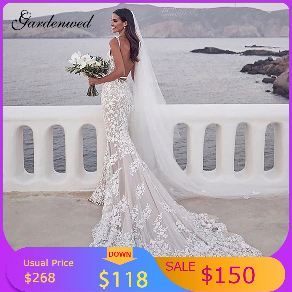 

Sexy Plunging V Neck Mermaid Wedding Dresses Backless Trumpet Lace Bride Dresses Ivory Appliques Sleeveless Long Bridal Gowns