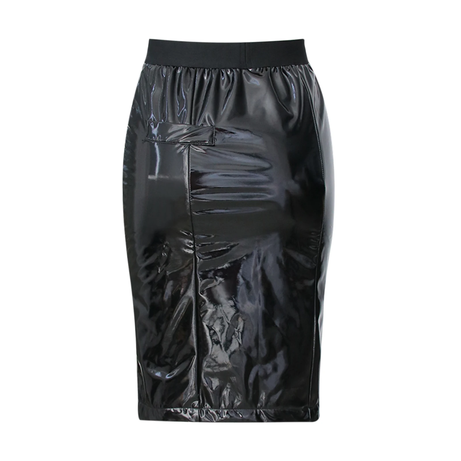 

Women Skirt Fashion Glossy Leather Knee-length Skirt sexy Autumn mature style High-waist A-line Split lady Mid-length Skirt