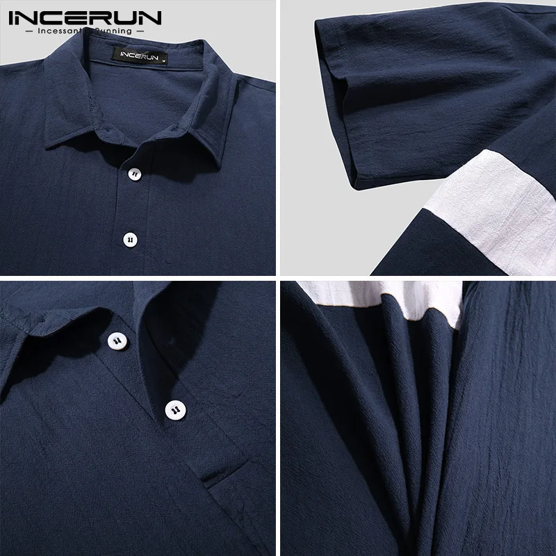 

INCERUN Vintage Men Patchwork Shirt Turn Down Collar 2021 Cotton Half Sleeve Casual Tops Masculina Streetwear Leisure Camisa 5XL