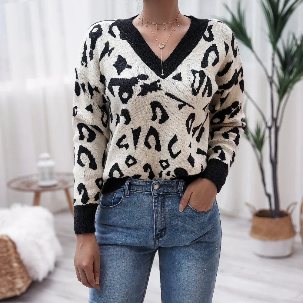 

New Women Autumn Winter V-Neck Casual Long Sleeve Leopard Knitted Sweater Jumper Pullover