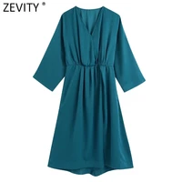 zevity women fashion cross v neck solid satin casual slim midi dress ladies chic elastic waist kimono vestidos de mujer ds9008