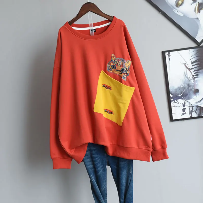 

2020 Autumn New Korean Retro Embroidery Big Pocket Casual Women Sweater Loose Thin Mid-length Long-sleeved T-shirt Free Shipping