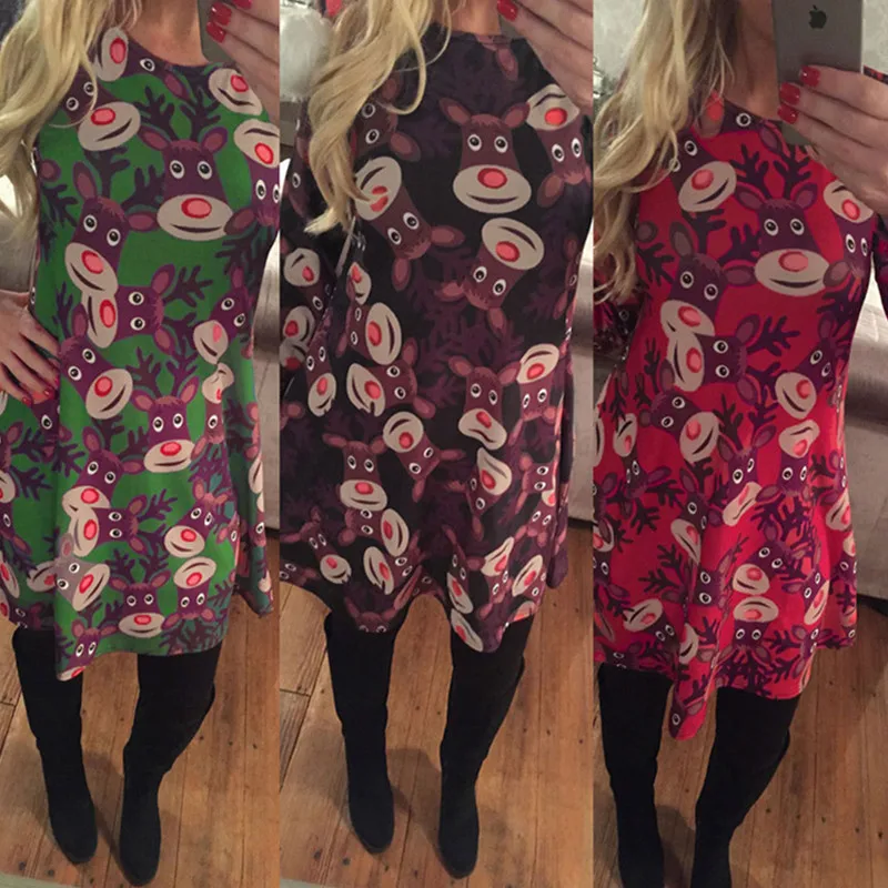 Women's New Year Christmas Tree Snowman Printed Dress Women Fall Winter Evening Party Dresses Long Sleeve Loose Vestidos | Женская
