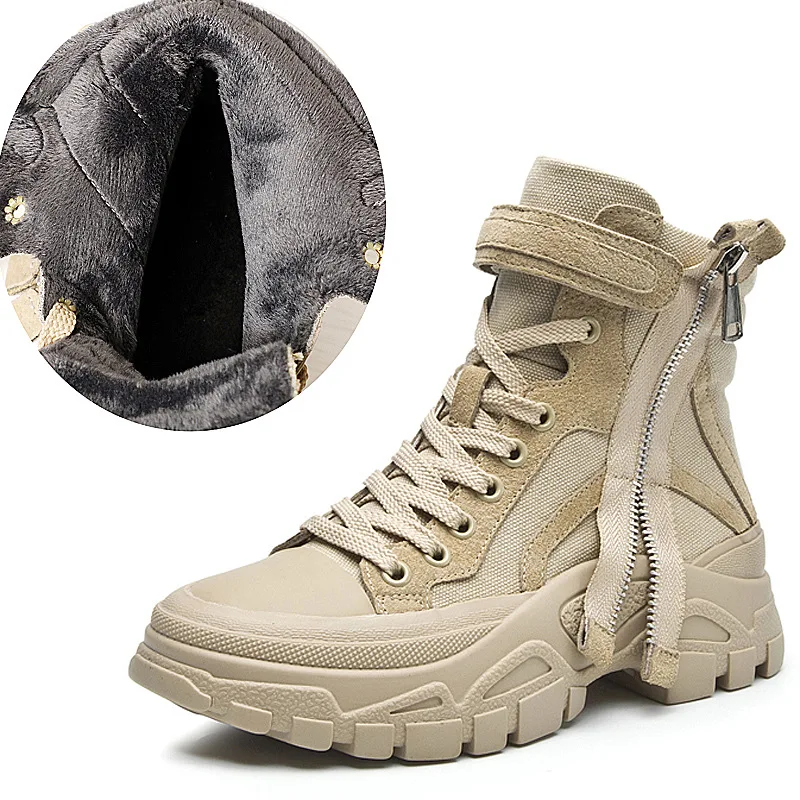 

Girls Canvas botas mujer Warm Shoes Women Martin Boots Platform zapatos de mujer Winter Ladies Fur footware Female Ankle Boots